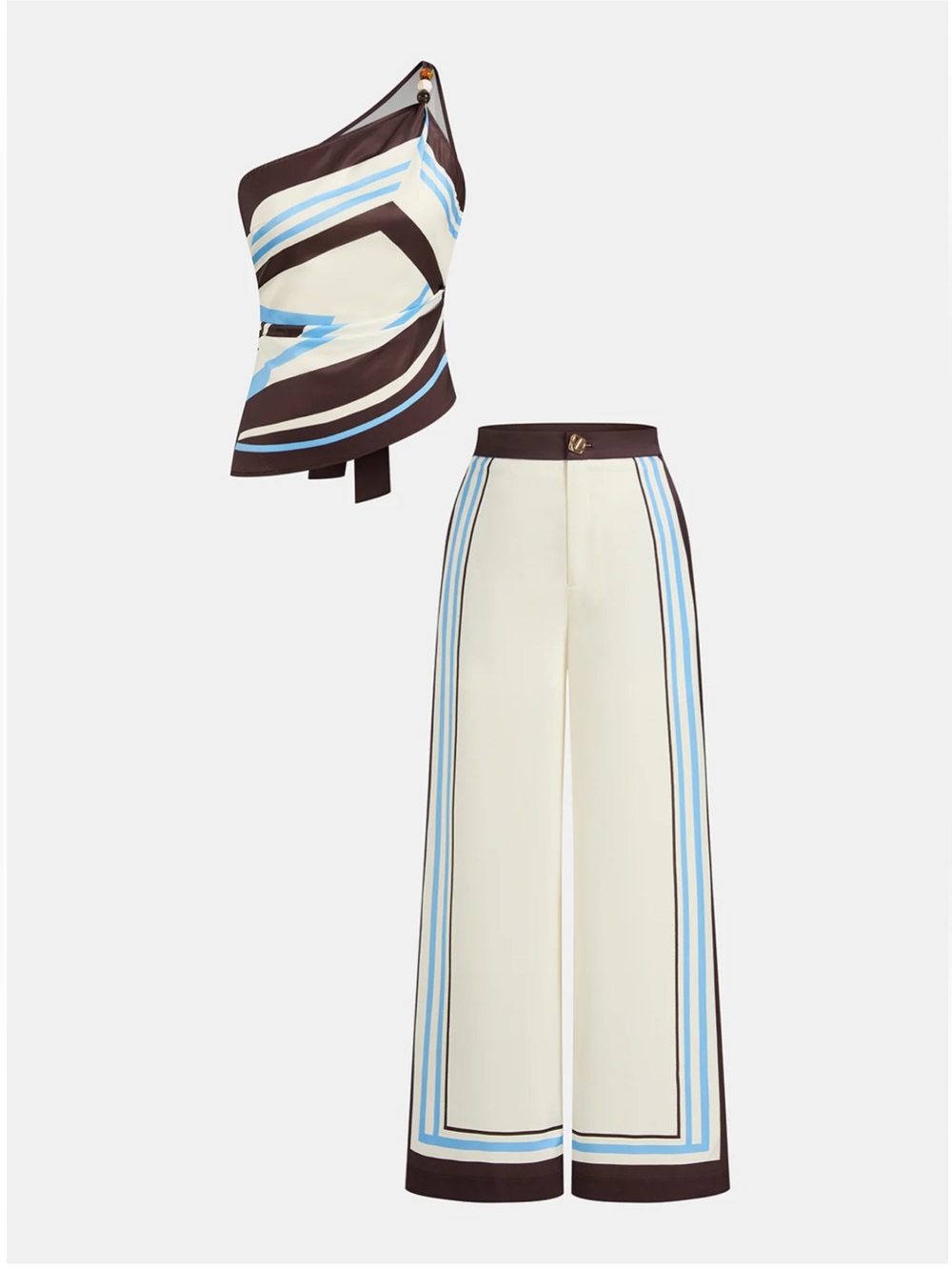 Commense One-Shoulder Striped Cream, Brown & Light Blue Jumpsuit - Picture 3 of 7